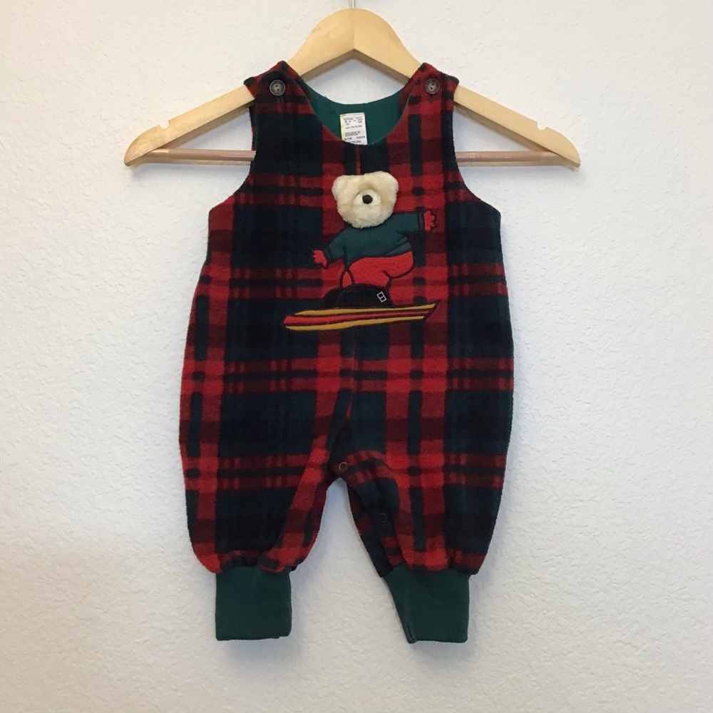3-6 Mos Plaid Flannel Vintage Baby Overalls with Bear Snow Skiing Design Red